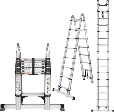Imagen del producto de Escalera telescópica de aluminio de 5 metros (2.5 + 2.5). Escalera extensible, de aluminio antideslizante, escalera de apoyo, escalera multiusos, escalera telescópica. Capacidad de carga: 150 kg