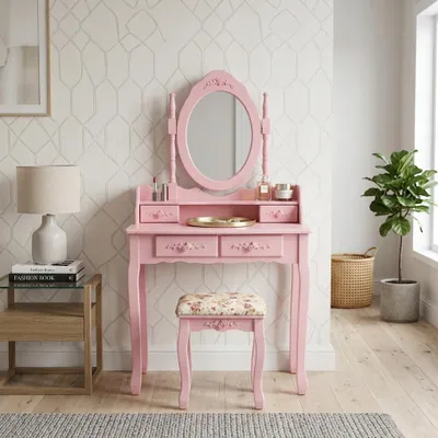Produktbild von Schminktisch – Rosa – 75 x 40 x 141 cm – eleganter Stil Kosmetiktisch