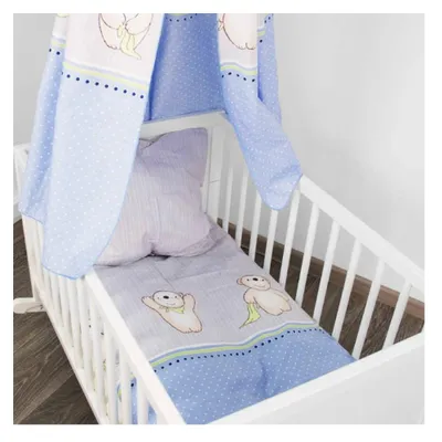 Produktbild von Alvi 4-teiliges Baby Bettset – Bettwäsche 80x80/35x40 + Himmel & Schutz – Motiv Bär