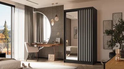 Produktbild von ALTDECOR Kleiderschrank mit Spiegel und Schiebetüren, kugelgelagerte Führungsschienen und Aluminium-Leisten - LAMELO - 120 cm - Schwarz/Schwarz/Weiß