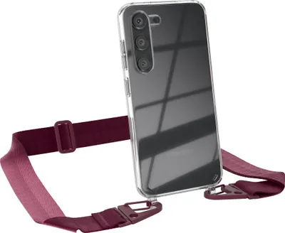 Produktbild von EAZY CASE - Hülle mit Band für Samsung Galaxy S23, Handyhülle mit Umhängeband, Silikonhülle transparent, Handykette in Rot