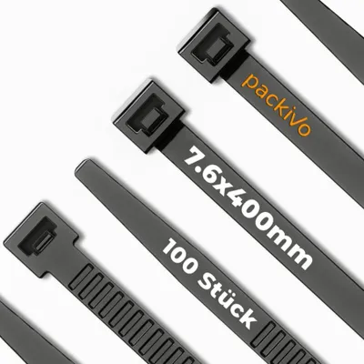 Produktbild von PACKIVO Kabelbinder Schwarz 100 Stück, 40KG Zugfestigkeit - 400mm x 7,6mm, Schwarz