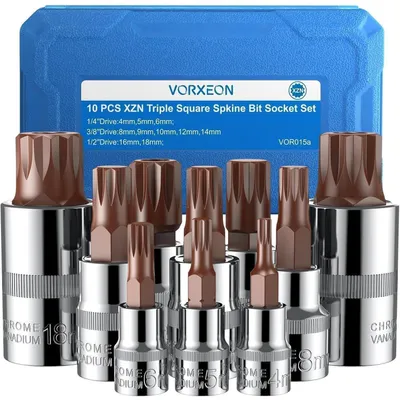 Obrázek produktu pro Sada bitů s vnitřním šestihranem (XZN) pro klíče, 10 kusů, rozměry M4-M18, nástrčné klíče 1/4", 3/8", 1/2", ocel CR-V a S2, v kufříku