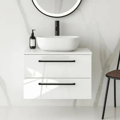 Produktbild von Waschtisch mit Unterschrank ONE 2 große Schubladen Weiß Hochglanz 60x50x46 hängend Badmöbel Badezimmer Badezimmermöbel Waschbeckenschrank