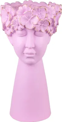 Produktbild von FURNARO Pflanzobjekt Flora - Rosa Dekokopf mit Blumenkranz aus Kunststoff Blumentopf Kopffigur 33 cm hoch