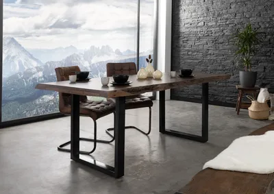 Produktbild von MASSIVMOEBEL24 Baumtisch Akazie 160x90x77 grau lackiert / U-Beine anthrazit glänzend FREEFORM 5