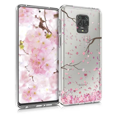 Produktbild von kwmobile Case kompatibel mit Xiaomi Redmi Note 9S / 9 Pro / 9 Pro Max - Hülle Silikon transparent Kirschblütenblätter Rosa Dunkelbraun Transparent