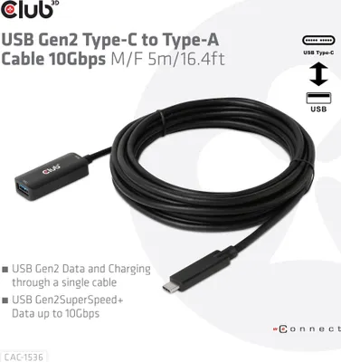 Produktbild von Club3D Kabel USB 3.2 Typ C <> USB Typ A 10Gbps St/Bu 5m