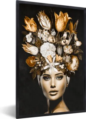 Produktbild von MuchoWow® MuchoWow® Gerahmtes Poster Frau - Blumen - Gold 20x30 cm - Poster mit zchwarzem Bilderrahmen - Drucken - Bilder Poster im Rahmen