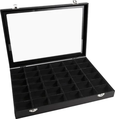 An open black jewelry box with 36 compartments and a clear glass lid.