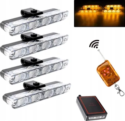 A set of four LED strobe lights and a remote control are displayed against a white background.