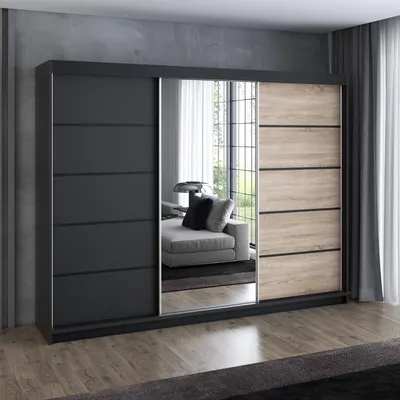 Produktbild von Schwebetürenschrank 200 cm, 3-türig, mit Spiegel & 4 Schubladen, Retro-Stil, Kleiderschrank VILUNO 2  in Schwarz / Schwarz / Sonoma