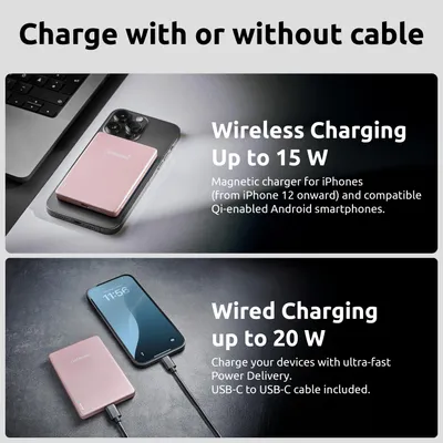 A split image showing two ways to charge a phone with a power bank: wirelessly and wired.