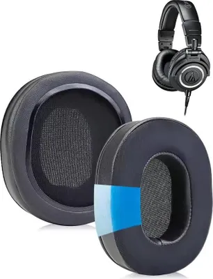 A pair of black headphone ear pads and a pair of black headphones are shown against a white background.