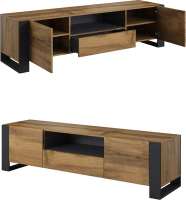 Produktbild von TV-Schrank aus Holz, Lowboard, Unterschrank, TV-Tisch mit 2 Türen, 1 Schublade, TV-Schrank, Eiche Wotan