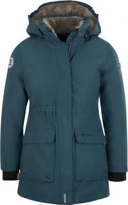 A teal winter jacket with a fur-lined hood is shown against a white background.