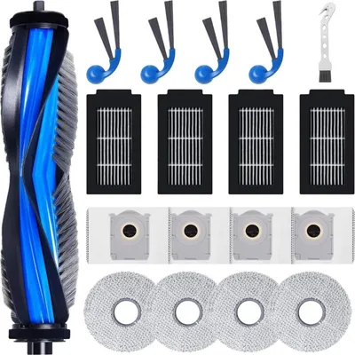 A collection of cleaning accessories for a robot vacuum cleaner, including a brush roll, filters, dust bags, and cleaning pads.