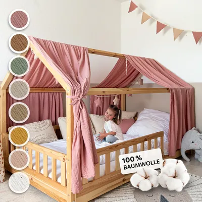 Produktbild von Hausbett Himmel Gold aus Musselin - 2er-Set für Kinderbett