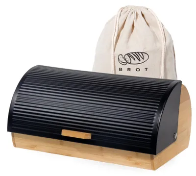 Produktbild von GREELUE Brotkasten Metall Holz, Brotbox Schwarz, Brot Aufbewahrungsbox groß, Brotkorb mit Deckel, Bread Box Küche, Brotbeutel (Schwarz-39cm)