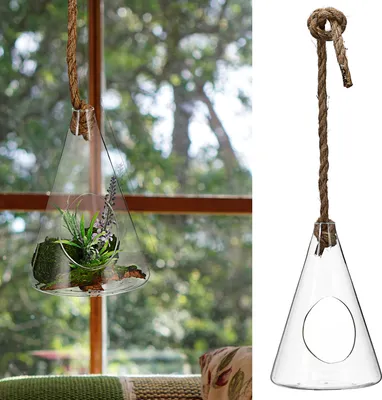 Produktbild von Glaskegel zum Aufhängen 13x20cm Glasgefäß Juteschnur Dekokugel Pflanzkegel Kegelform