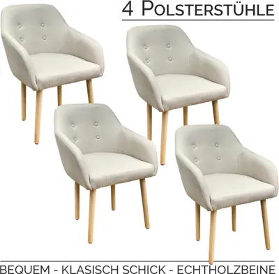 4 Stühle mit umlaufender Armlehne, Holzbeine und beigefarbenen Stoff auf Rückenlehne, Sitzpolster und Armlehne
