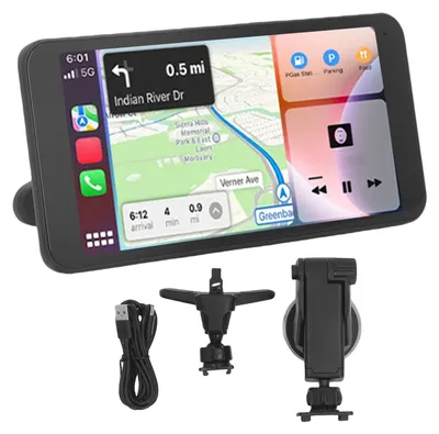 Zdjęcie produktu dla Bezprzewodowy ekran samochodowy, 6,5 cala, rozdzielczość 1280 x 720 HD, przenośny ekran dotykowy z systemem stereo, obsługa CarPlay przez Bluetooth, nawigacja GPS, sterowanie głosowe