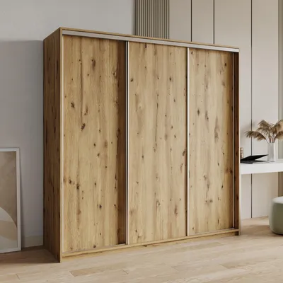 Produktbild von Masseno Schiebetürenschrank NISSE 180/205/60 cm Kleiderschrank mit 4 Schubladen Schlafzimmer Schrank 3-türig Eiche Artisan