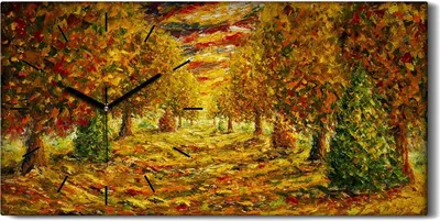 Produktbild von Wandkunst Leinwand Bild Uhr Geräuschlos 60x30 Gemälde Wald Bäume Herbst Natur - schwarze Hände