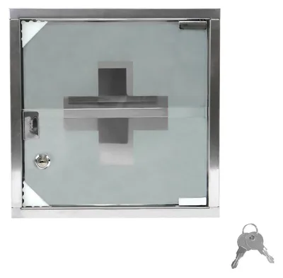 Obrázek produktu pro Lékařská skříňka se zámkem, s magnetickými skleněnými dvířky, rozměry 30x12x30 cm, stříbrná barva, z nerezové oceli, se 2 přihrádkami