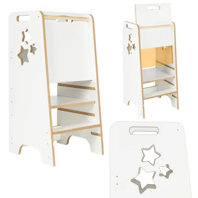 Zdjęcie produktu dla Helper VERK.design pomocnik kuchenny dla dziecka 84cm kitchen helper z zasuwą podest regulowany stołek edukacyjny biały drewniany gwiazdki