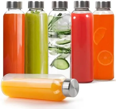 Produktbild von PromoHome® Glaswasserflaschen-Set – 6 Stück 500ml Wiederverwendbare Glasflaschen mit Edelstahldeckeln – Luftdichte Saftflaschen für Wasser