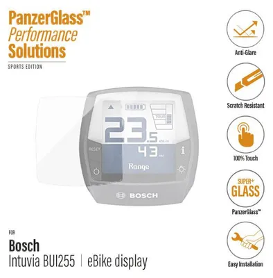 A screen protector for a Bosch eBike display, shown with feature callouts.