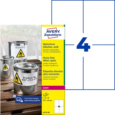 Produktbild von Avery Zweckform L4719-20, Wetterfeste Folien-Etiketten, A4, 105 x 148 mm, 80 Etiketten / 20 Bögen, weiß