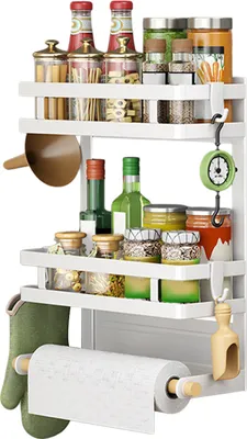 Produktbild von Heikoeco® Gewürzregal, Gewürz Organizer, Schrank Organizer, 2-stöckiges magnetische Gewürzregale mit Küchenrollenhalter aus Metall, weiß