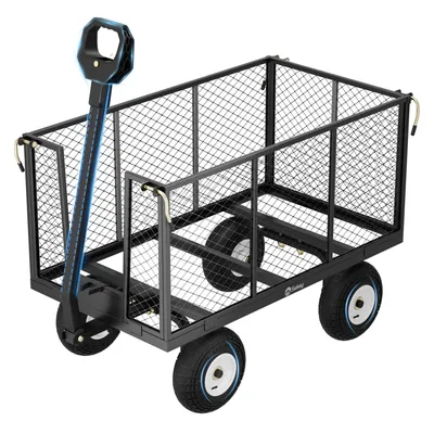 A garden cart with a mesh body and four wheels, shown from a diagonal angle.