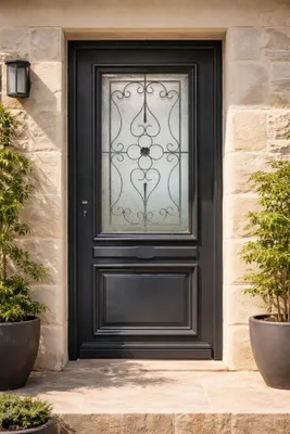 Immagine prodotto di Porta d'ingresso in legno con vetrata Candice grigio antracite, H.215xL.90 cm, lato tavolo, destro, maniglia, cilindro, pulsante, GD MENUISERIES