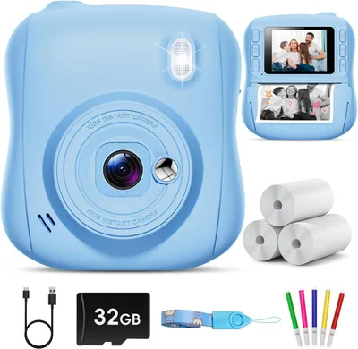 Produktbild von Kinderkamera Sofortbildkamera,14MP mit 32G Karte & Druckpapier,1080P Kamera Kinder Sofortdruck mit Farbige Stifte,Geschenk für 3-12 Jungen und Mädchen