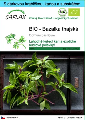 Obrázek produktu pro SAFLAX Dárková sada - BIO - Bazalka thajská - Ocimum basilicum - 250 Semena - S dárkovou krabičkou, přepravním štítkem, dárkovou kartou a pěstebním médiem