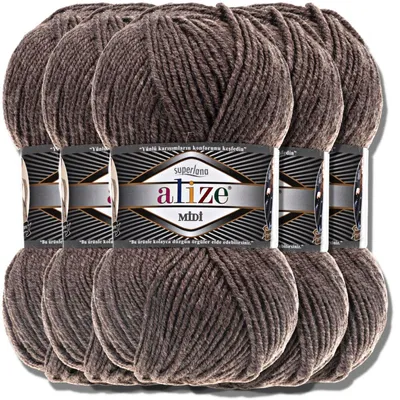 Produktbild von Alize 5x 100g Superlana Midi Wolle, Uni, Häkeln, Stricken (Milky Brown Melange |240)