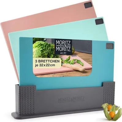 Produktbild von Famanu Schneidebrett Set 3 große Kunststoffplatten mit Halter – Hygienisch und spülmaschinenfest