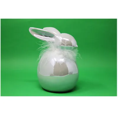Produktbild von Hase grau glänzend aus Porzellan mit weißem Federnkranz 17cm Hoch