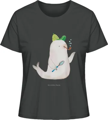 Produktbild von Mr. & Mrs. Panda Oberteil Damen Robbe Sherlock Größe L - Anthrazit - Geschenk, Shirt, Basic T-Shirt, Kurzarmshirt, Lustige Sprüche