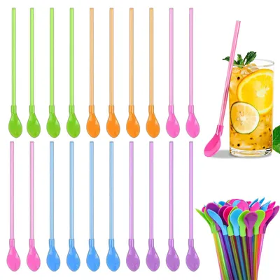 Produktbild von Trinkhalm-Löffel Set - 20 Stück wiederverwendbare 2-in-1 Strohhalme mit Löffel - für Slush Smoothies Milchshakes und Kaltgetränke - 23 cm lang - inklusive Reinigungsbürste