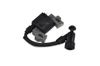 A black ignition coil with a spark plug wire and cap, mounted on a white background.