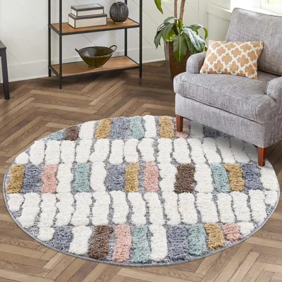 Produktbild von Teppich Hochflor Wohnzimmer - 160 cm Rund - Modern Geo-Muster Multi - Hochtief-Muster/ 3D-Effekt