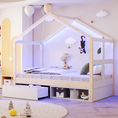 Produktbild von Flieks Kinderbett Hausbett 90x190cm mit Led, Kinder Holzbett Einzelbett mit Schublade und Schuhschrank, Naturbelassen