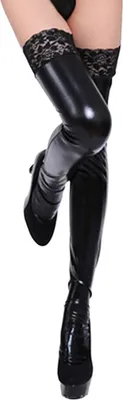 Produktbild von Wet-Look-Oberschenkelstrümpfe für Damen, y, dehnbar, glänzend, metallisch schwarz, mit Spitzenbesatz, glänzende Kunstlederstrümpfe für Party, Club, Cosplay