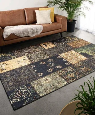Zdjęcie produktu dla Unyqoos® Dywan patchworkowy "Heritage" w odcieniu oliwkowym, model Fade No.1, wymiary 190x290 cm, poliester, 1600 g/m², wygląd przypominający welur