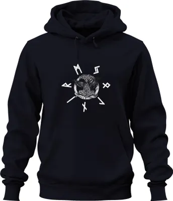 Produktbild von Wikinger Thorhammer Mjölnir Odin Raben nordische Runen Mythologie Uni Hoodie Kapuzenpullover, Navy, XL