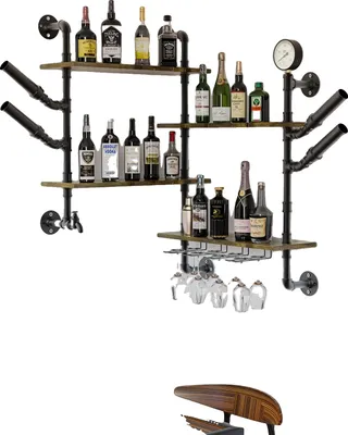 Immagine prodotto di Portabottiglie da parete, ripiani galleggianti con portabicchieri, stile industriale vintage, marrone rustico, M, 4 livelli